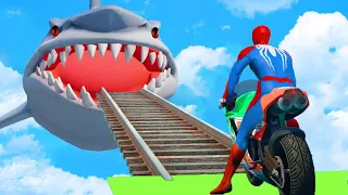 SPIDERMAN and Shark Bridge with SPIDERMAN Obstacles Challenge - GTA 5