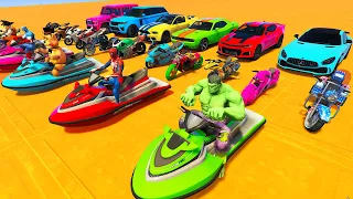 SUPERHERO CARS Race Challenge on LAKE Rampa ! Spiderman HULK Goku JET SKI Bicycles Racing - GTA 5