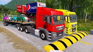 Double Flatbed Trailer Truck vs Speedbumps Train vs Cars Beamng.Drive #3