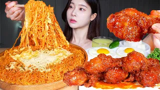 ASMR MUKBANG | 취! 저! 신상라면 ☆ 보들보들치즈볶음면 4봉지 🧀 매운양념치킨 🍗🔥 먹방! Super Cheesy Ramen & Spicy Fried Chicken