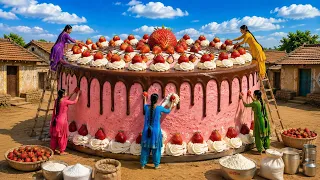 🍓 50 Foot Giant Strawberry Cake 😱 To Make a Village Boy's Dream Come True ❤️ | #village #cake