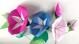 折り紙 あさがおの花、ツボミ、葉、ツル（立体）折り方（改訂版）Origami flower Morning glory tutorial (remake)（NiceNo1）