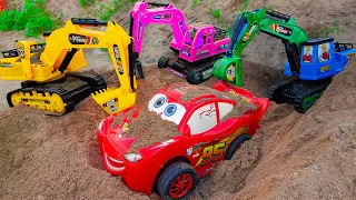 Disney Pixar Cars Toys falling into deep pool | Excavator rescue Lightning McQueen