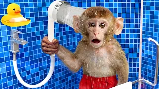 Bebé mono bañándose en el baño comiendo fruta con patitos junto a la piscina |  Monito y Canciones