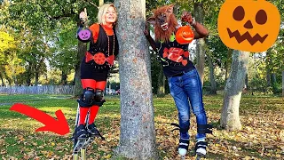 VLOG CHASSE AUX BONBONS D'HALLOWEEN SUR DES ECHASSES -  LE DIABLE VS LOUP GAROU - DEMO JOUETS