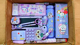 Unboxing Surprise Purple Stationery 📚, BT21 Pouch, Lababu Water Bottle, Pencil Box, Sharpner, Eraser
