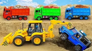 Excavator, Dump Trucks and Police Car Falls Into Sand Hole | Toy Cars Rescue Story