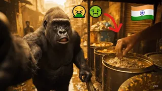 فلوق 😂🦍🔥 غوريلا تمشي في شارع هندي مليء الذباب يطير حول الأطعمة المكشوفة تمسك كاميرا سيلفي وتصور Vlog