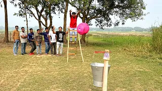 উঁচু মই থেকে বল ছুড়ে ঝুলন্ত বালতিতে ফেলার কঠিন চ্যালেঞ্জ। Who can win this hard challenge ??