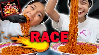 SPICY NOODLE RACE Using Our Hands! Samyang Spicy Fire Noodles