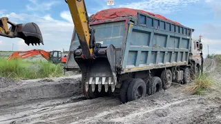 Fly-Ash Loading Point - 14 Wheeler Tata Dump Truck Pushed By Dual Excavator Machine | Truck Videos.