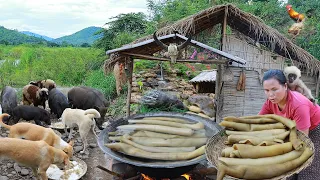 survival in the rainforest- found skin beef for cook with banana flower -Eating delicious HD