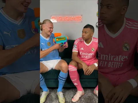 When Haaland hands Mbappe a water blaster… 🎯😂#haaland #mbappe #football