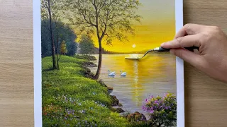 Daily Art #004 / Acrylic / Summer Sunset over the Lake Acrylic  Painting