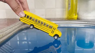 Tiny Bus Cars Driven By Hand Into The Water   Diecast Models