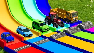 Flatbed Trailer Cars Transportation with Slide Color - Car vs Speed Bump vs Deep Water #3 - BeamNG