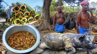 How To Clean And Cook Full 30 kg Pig || PORK MEAT Cooking in Bamboo
