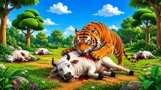 एकता की ताकत भूल गईं चार गायें, शेर ने उठा लिया फायदा 😱🐅🐄 | हिंदी कार्टून कहानी