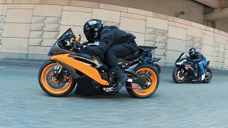 Yamaha R6 vs Yamaha R6 vs Kawasaki ZX6R vs GSXR 600 with 750 motor - Street Race