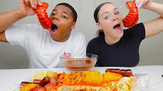 ONE BITE SEAFOOD BOIL MUKBANG CHALLENGE!! (KING CRAB, SWEET CORN, LOBSTER TAILS, & POTATOES)