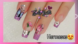 Decoración de uñas flores y mariposas / Uñas decoradas en tono morado lila / Uñas bonitas sencillas
