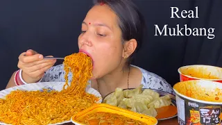 Real Mukbang: Eating Spicy Korean Kimchi Fire Noodles, Chicken Momos, Schezwan Noodles| Eating Vlog