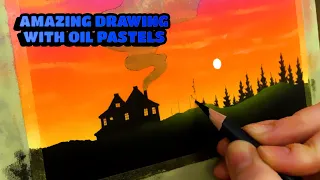 Take a break and enjoy this beautiful drawing 😍🎨 #oilpastel #tutorial #mysterious #house #drawing