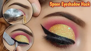 VIRAL SPOON EYESHADOW HACK | CUT CREASE TUTORIAL FOR BEGINNERS | CHUNKY GLITTERY EYES..