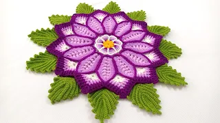 Como tejer la FLOR N° 49 con hojas a crochet paso a paso para centros, caminos de mesa y tapetes