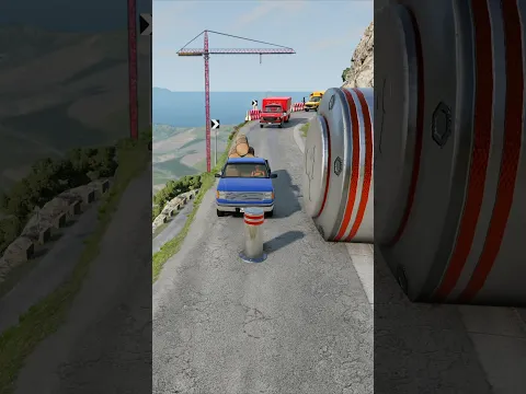 Cars & Ambulance Van vs Giant Pit Bollards Crash - BeamNG.Drive