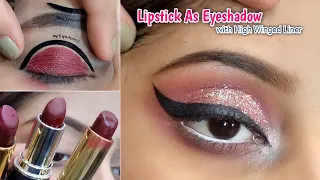 How to use Lipstick as Eyeshadow | Pink Glitter Smokey Eye Makeup Tutorial | Quick Eyemakeup..