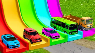 Flatbed Trailer Cars Transportation with Slide Color - Car vs Speed Bump vs Deep Water #6 - BeamNG