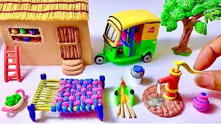 DIY How to make polymer clay miniature house, Rikshaw, Kitchen set, Hand Pump Tree, Charpai |Village