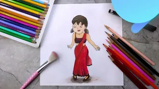 Sizuka in SAREE AND Doremi🔥😍 |  DRAWING BY PENCIL COLORS