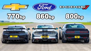 Ford Mustang v Chevy Camaro v Dodge Hellcat Redeye: DRAG RACE