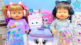ANI y ONA RUTINA de MAÑANA para ir al colegio con accesorios Kawai de GATITOS con MUÑECAS