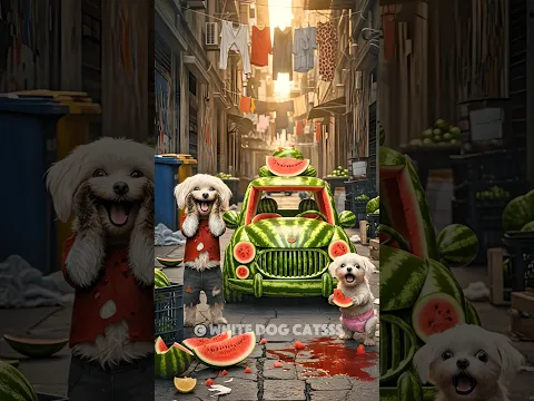 😭 A cat and his kitten in a red sports car destroyed the poor dog and his puppy's watermelon car🚘