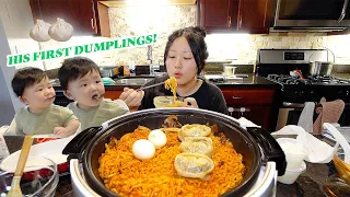 His first dumplings!!❤️ + Carbonara Fire noodles mukbang