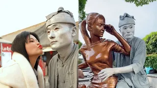 Beauty Snatched Food From My Mouth| Funny Sculpture​ Silver​Man Vs Funny Sculpture​ Bronze Women