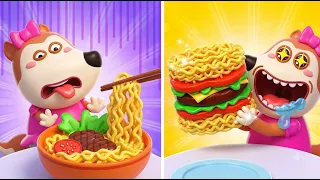 ¡EL HACK DE COMIDA MÁS LOCO! 🍔🍜 ¿Fideos con Hamburguesa? | Dibujos Animados | Wolfoo en Español