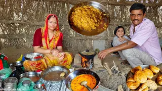 दाल, बाटी,चूरमा राजस्थानी भोजन, आज झोपड़ी में बनाया खाना। village life in India