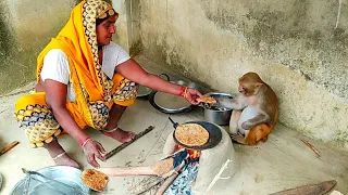 मम्मी की रानी बिटिया साथ साथ रहती  हैं।।🍝🍝 Monkey Rani with mummy cooking ।। I Love Animals