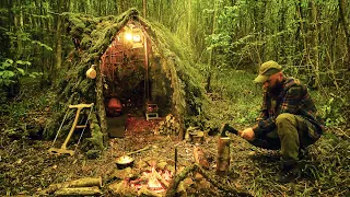 Primitive Shelter in a Remote Forest (8K) | Wild Herb Survival Cooking
