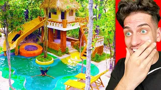 100 DAYS of Primitive Building SECRET POOL HOUSE with WATER SLIDE!