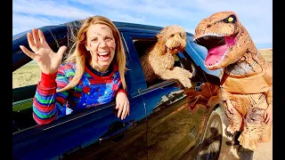 T-rex Surprises Chucky & Puppy With Car Ride Chase! Game of Tag