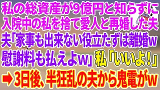 【スカッと総集編】私の総資産が9億と知らず入院中の私を捨て20歳の愛人と再婚した夫「家事も出来ない役立たずは離婚ｗ慰謝料も払ってくれよなｗ」私「いいよ！はい離婚届け」→3日後、半狂乱の夫から鬼電がw