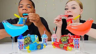 RED FOOD VS BLUE FOOD CHALLENGE, JUICY DROP GUMMY DIP 'N STIX, BIRD GLASS, SOUR CANDY SPRAY MUKBANG