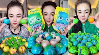 Delicious candy earth jellies with watermelon quickly being eaten sound