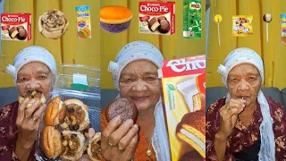 Great Grandmother, Eating Yummy Choco-Pie  Emoji Challenge🍪🍩🍮🧃