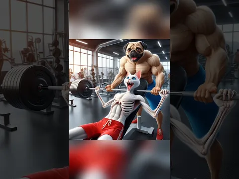 A very skinny cat is lifting and muscular dog helps him #dog #cat #ai #shorts #doglover #gym